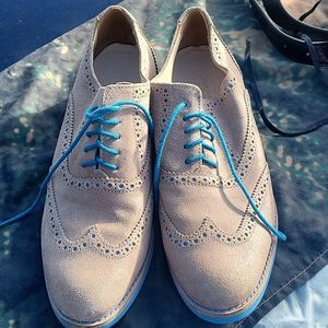 Cole Haan Beige Suede Brogue Flats with Bright Blue Laces